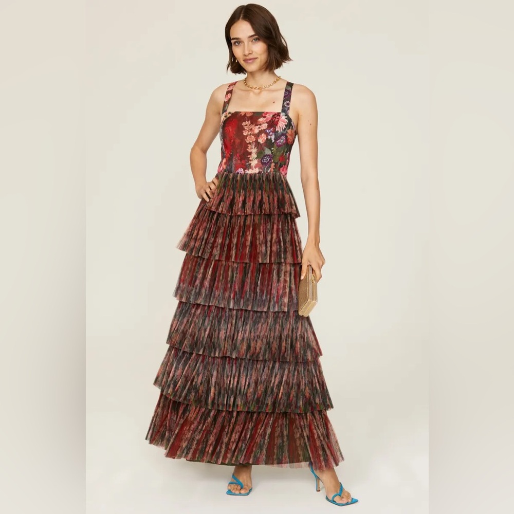 Hutch Avani Gown, dress, size 4, tiered ruffles, red floral